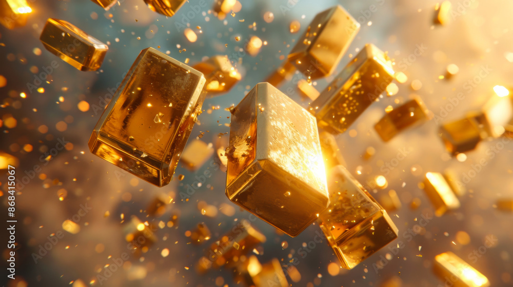 Close-up of gold bars falling from the sky. Gold and wealth are thrown into the air. Concept of money, jewelry. Close-up of gold bars falling from the sky. Gold and wealth are thrown into the air. Concept of money, jewelry.