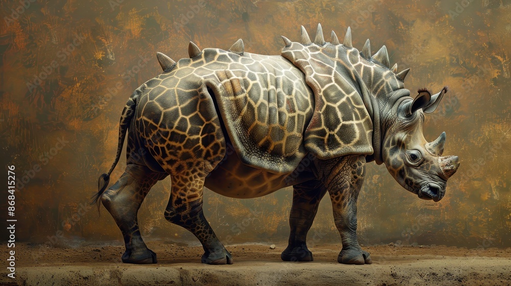 Digitally altered or fantastical creature with the body of a rhinoceros and the patterned skin of a giraffe, including the distinctive giraffe spots and ossicones (horn-like protuberances) Digitally altered or fantastical creature with the body of a rhinoceros and the patterned skin of a giraffe, including the distinctive giraffe spots and ossicones (horn-like protuberances)