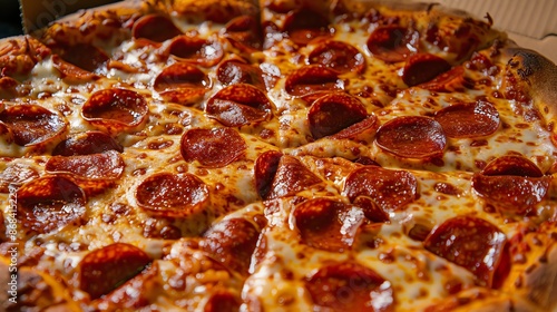 A large pepperoni pizza with melted cheese, indulgent comfort food,
