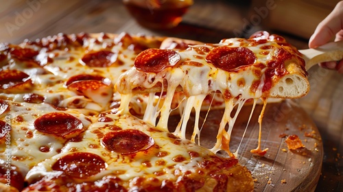 A large pepperoni pizza with melted cheese, indulgent comfort food,