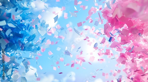 Confetti explosion with blue and pink colors, exciting gender reveal moment,
