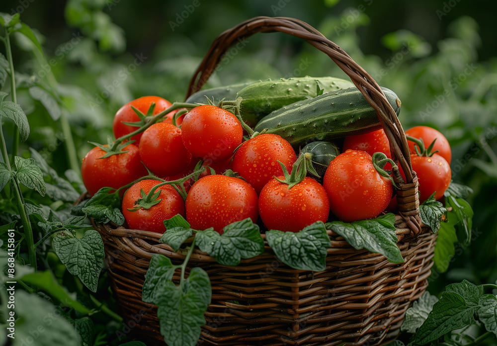 Basket of freshly picked tomatoes and cucumbers Basket of freshly picked tomatoes and cucumbers