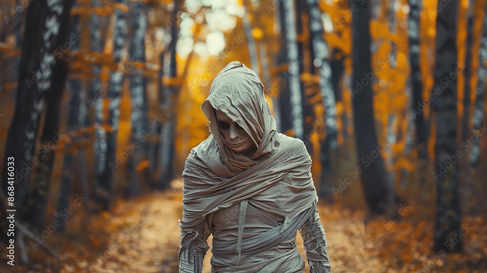 Mummy wrapped in bandages walking through an autumn forest, spooky and seasonal, Mummy wrapped in bandages walking through an autumn forest, spooky and seasonal,