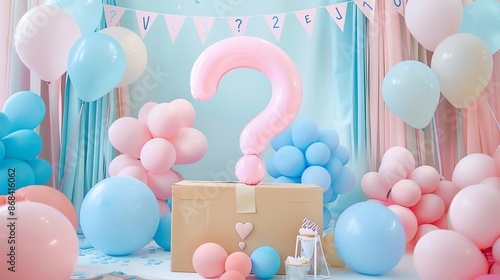 Pastelcolored backdrop with a large question mark and babythemed decorations, playful gender reveal party, photo