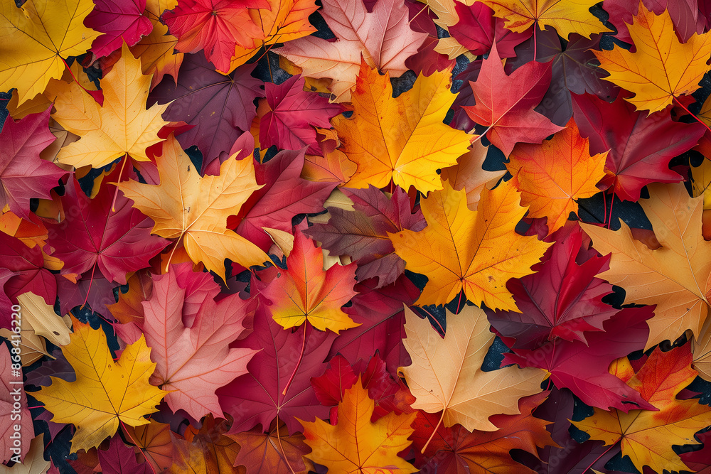 Maple leaves yellow, orange and red, pattern, top view Maple leaves yellow, orange and red, pattern, top view