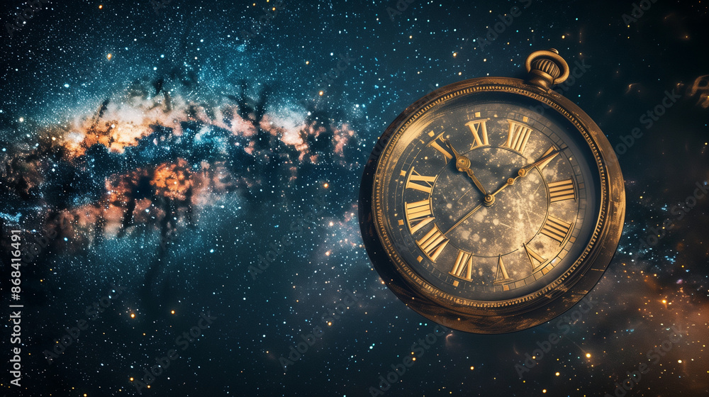 Mystical Clock Face on Night Sky with Stars: Philosophical Exploration of Space, Time, and Transience, Old Watch Clock on Celestial Background, Symbolizing the Philosophy of Time and Transient Mystical Clock Face on Night Sky with Stars: Philosophical Exploration of Space, Time, and Transience, Old Watch Clock on Celestial Background, Symbolizing the Philosophy of Time and Transient