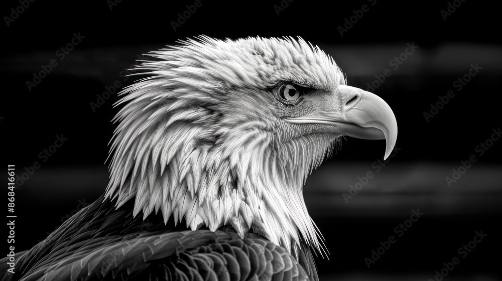 A close-up black and white photograph of a Bald Eagle A close-up black and white photograph of a Bald Eagle