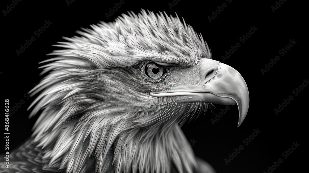 A close-up of a bald eagles head in black and white A close-up of a bald eagles head in black and white