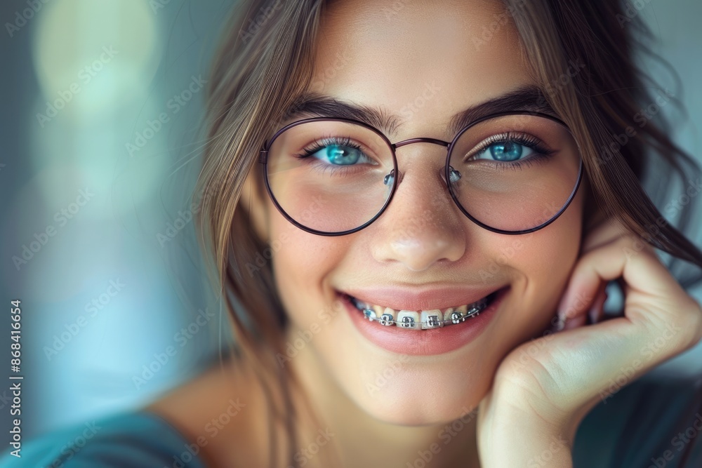 Braces Woman. Young Businesswoman Portrait with Orthodontic Treatment. Dental Care Concept Braces Woman. Young Businesswoman Portrait with Orthodontic Treatment. Dental Care Concept