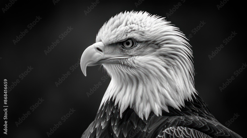 A close-up portrait of a bald eagle in black and white A close-up portrait of a bald eagle in black and white