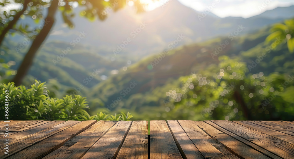 Wooden table with bokeh background and mountain view, copy space for text. Generative AI. Wooden table with bokeh background and mountain view, copy space for text. Generative AI.