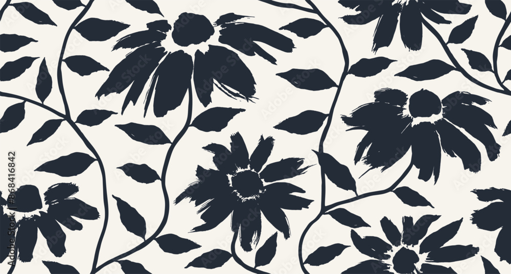 Fototapeta premium Brush leaf and flower silhouettes vector seamless pattern. 