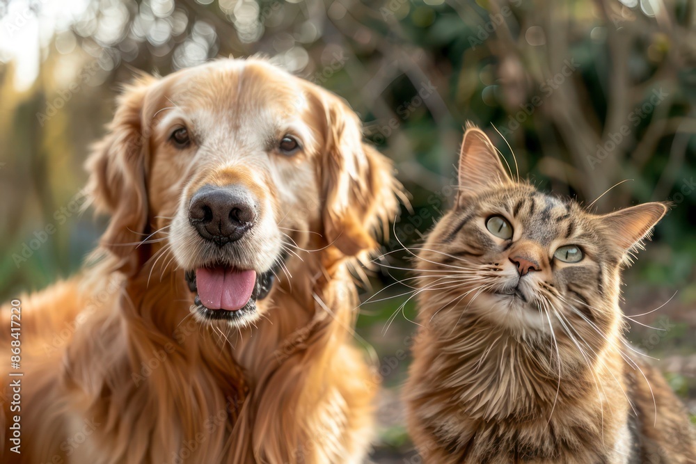 Cat and dog taking a selfie together in an outdoor park Cat and dog taking a selfie together in an outdoor park