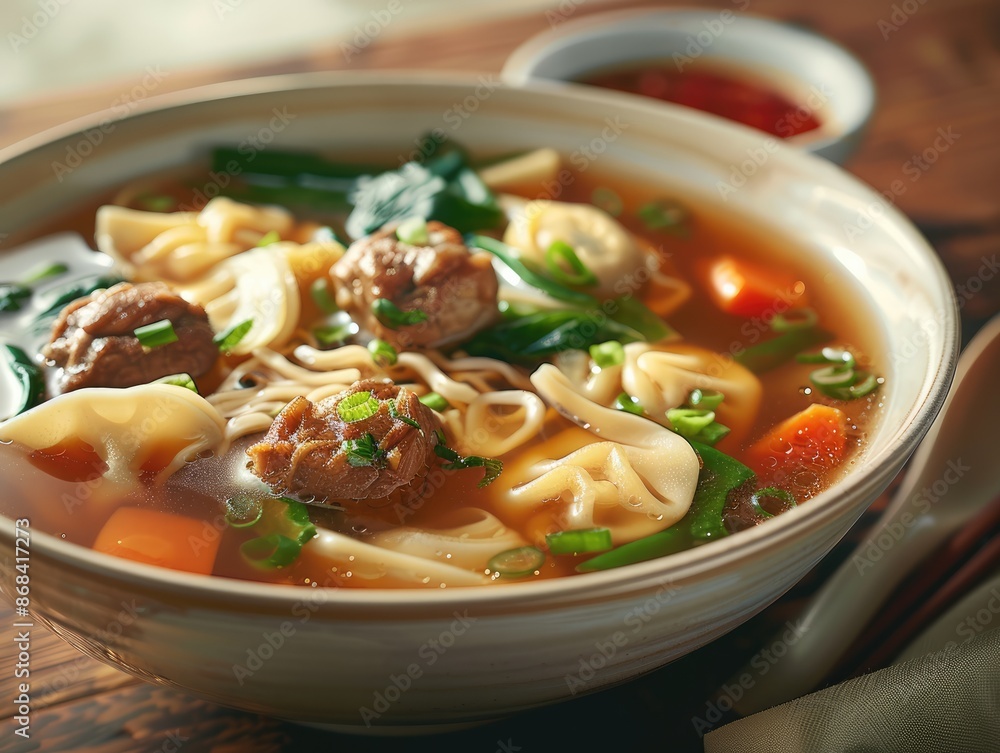 Asian Soup with Egg Noodles, Pork Wontons, and Vegetables Asian Soup with Egg Noodles, Pork Wontons, and Vegetables