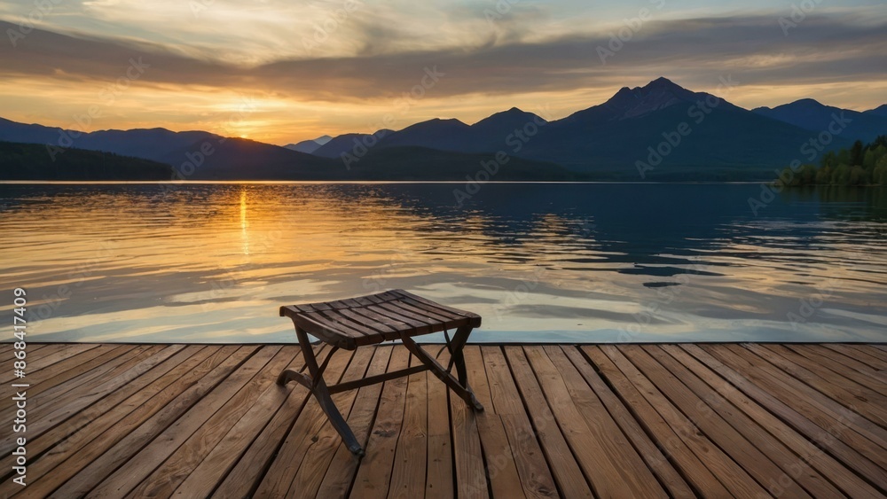 Single chair on a wooden deck overlooking a calm lake at sunset with mountains in the background Single chair on a wooden deck overlooking a calm lake at sunset with mountains in the background