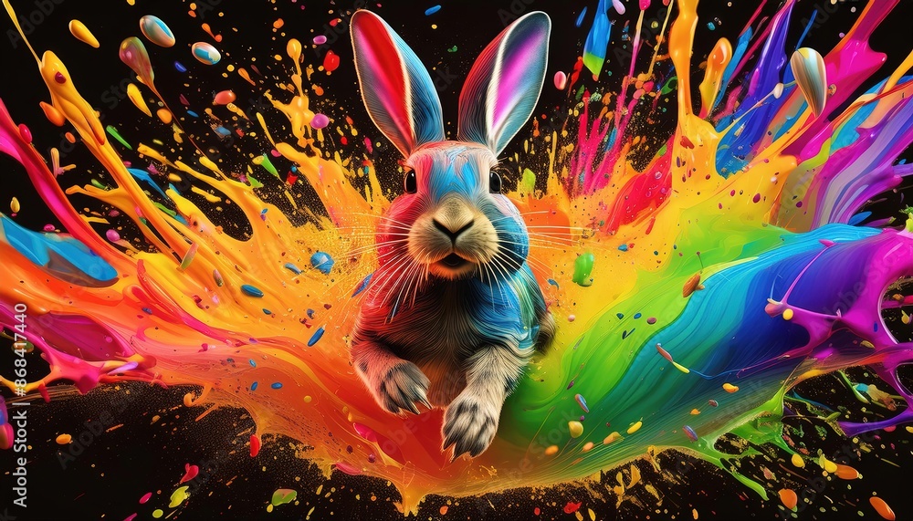 Vibrant Rainbow Bunny Amidst Color Explosion Vibrant Rainbow Bunny Amidst Color Explosion
