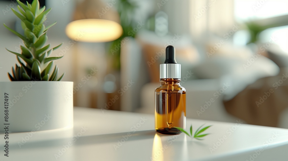 CBD oil dropper bottle on bedside table or in spa/yoga studio conveying wellness and relaxation CBD oil dropper bottle on bedside table or in spa/yoga studio conveying wellness and relaxation
