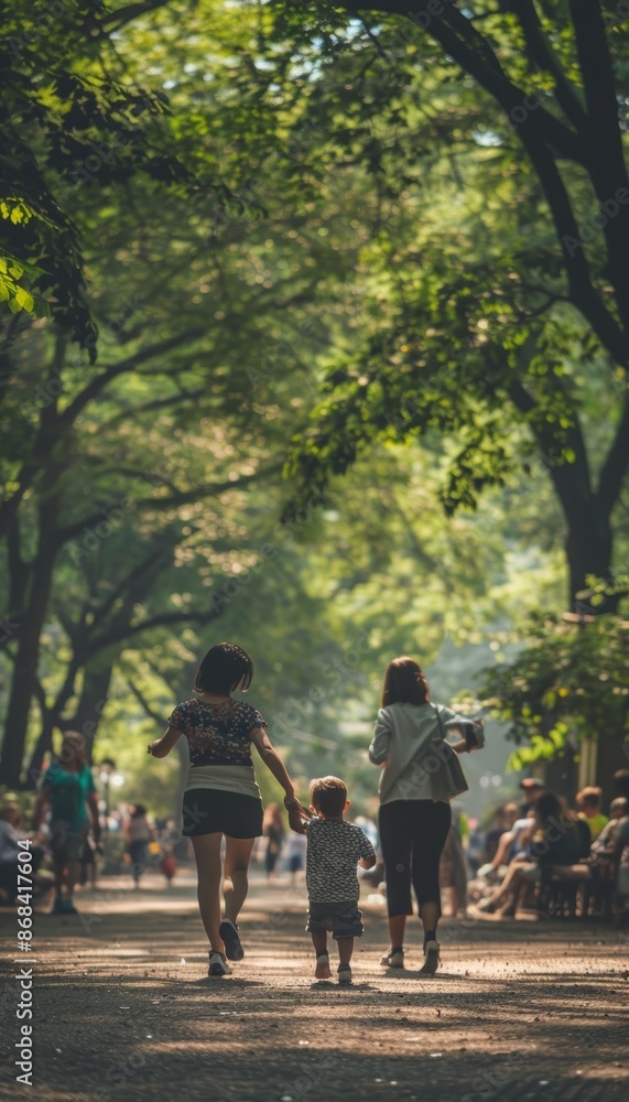 Mother and Child Walking Hand in Hand Through Bustling City Park Under Tall Trees Mother and Child Walking Hand in Hand Through Bustling City Park Under Tall Trees