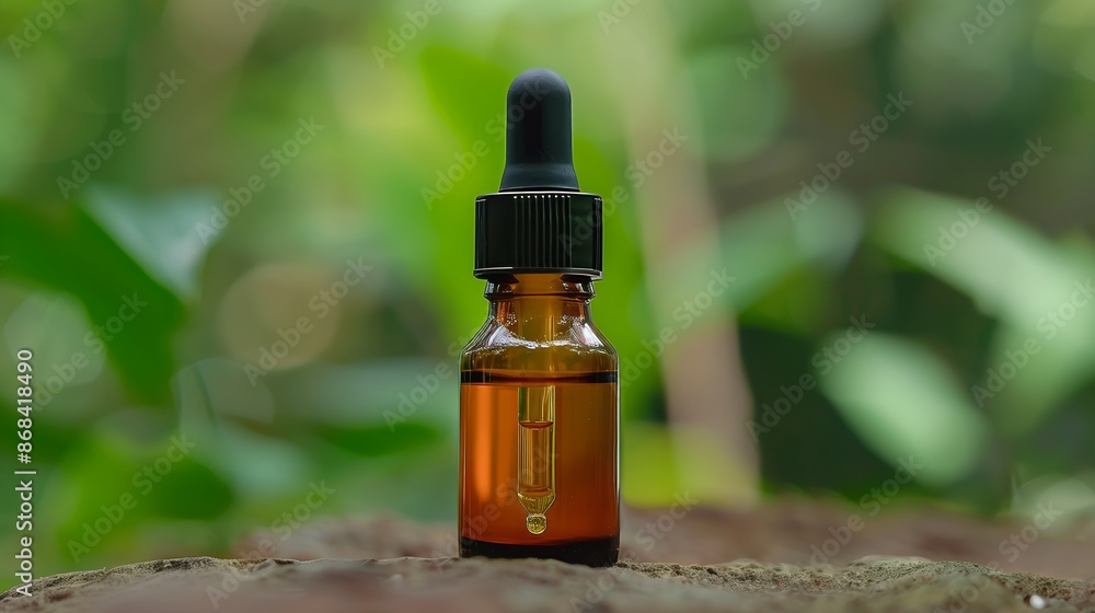 Glass dropper bottle filled with amber liquid resting on stone surface amongst lush green foliage emphasizing natural origins and therapeutic benefits of CBD oil Glass dropper bottle filled with amber liquid resting on stone surface amongst lush green foliage emphasizing natural origins and therapeutic benefits of CBD oil