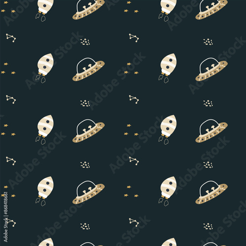 Childrens adventure pattern with cute galaxy elements. Space animal characters endless background in scandinavian style. Hand drawn childish design for textile, nursery clothes, boys room wallpaper.