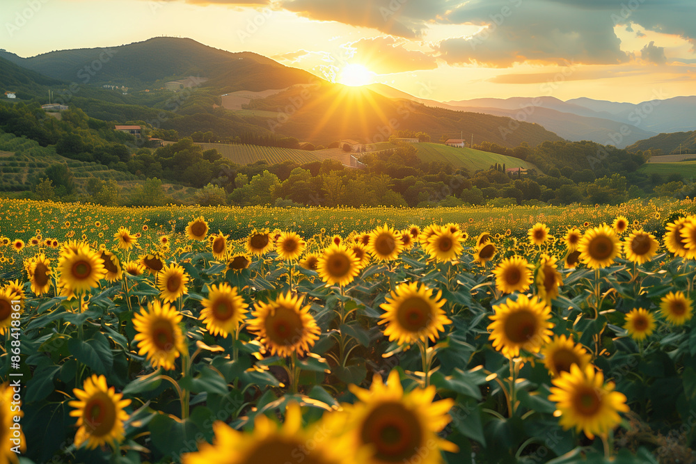 Fototapeta premium Vibrant sunflower fields in full bloom during the peak of August