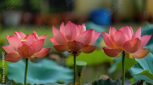 Three pink lotus flowers in bloom, standing tall in a tranquil pond