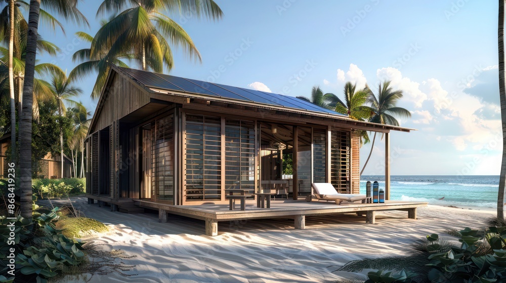 Fototapeta premium remote cabin with solar-panel integrated Bahama shutters, combining energy efficiency with essential functionality in a secluded setting