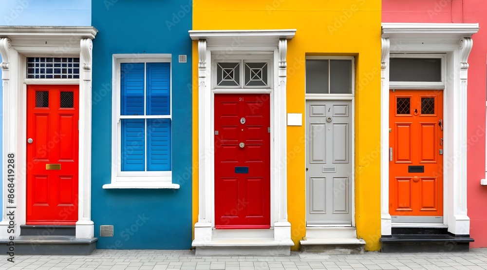 Naklejka premium Colorful row of houses in London, United Kingdom. Colorfully painted house facades with white doors and windows. The front doors and walls are painted in bright colors.
