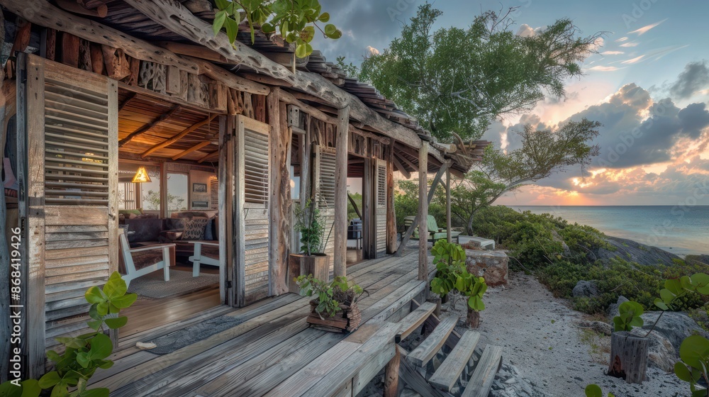 remote island eco-lodge with Bahama shutters crafted from driftwood, reflecting the sustainable ethos and rugged charm of the location remote island eco-lodge with Bahama shutters crafted from driftwood, reflecting the sustainable ethos and rugged charm of the location