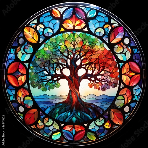 Stained Glass Window With Tree Design