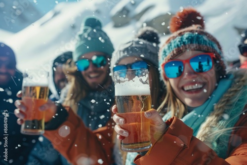 A group of friends are having a joyful winter vacation in the snowy mountains, savoring beer and the breathtaking scenery. Laughter, happiness, and togetherness fill the alpine setting