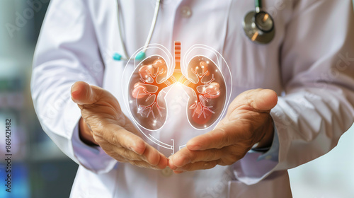 Chronic kidney disease, doctor with model for treatment urinary system, urology, Estimated glomerular filtration rate eGFR.