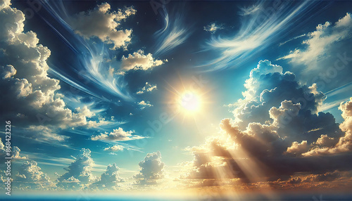 美しい青空に浮かぶ雲と、輝く太陽が見える風景。雲の間から太陽光が差し込み、幻想的な雰囲気を醸し出しています。自然の壮大さと穏やかな美しさを感じさせるシーンです。generative AI