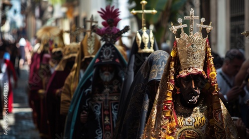 A procession during the Christian festival of Semana Santa, with participants carrying religious icons and wearing traditional robes, highlighting the deep-rooted religious customs of Holy Week