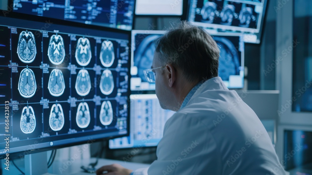 Neurologist doctor studying brain tests on a monitor at hospital. Neurologist doctor studying brain tests on a monitor at hospital.
