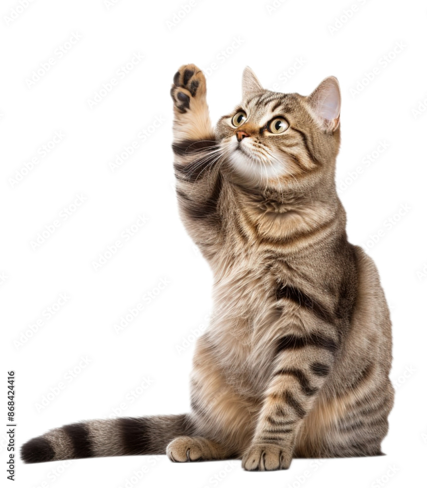 Fototapeta short hair cat sitting looking aside. tabby cat raising one paw up trying to catch something. Full body portrait on transparent background. PNG.