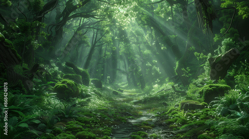 lush green forest, dense trees, sunlight filtering through canopy, moss-covered ground, serene atmosphere, detailed foliage, natural pathway, tranquil stream, misty air, high resolution