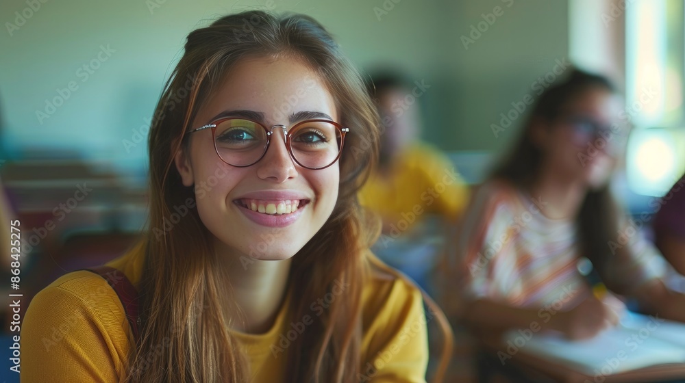 Happy female student taking notes while attending class at university and looking at camera Happy female student taking notes while attending class at university and looking at camera
