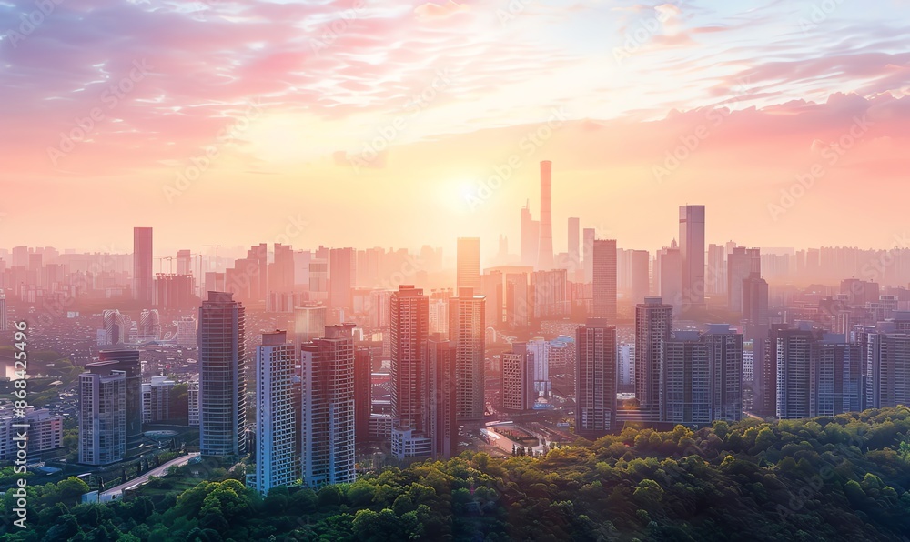 Fototapeta premium Cityscape at Sunset with Hazy Skies and Green Trees
