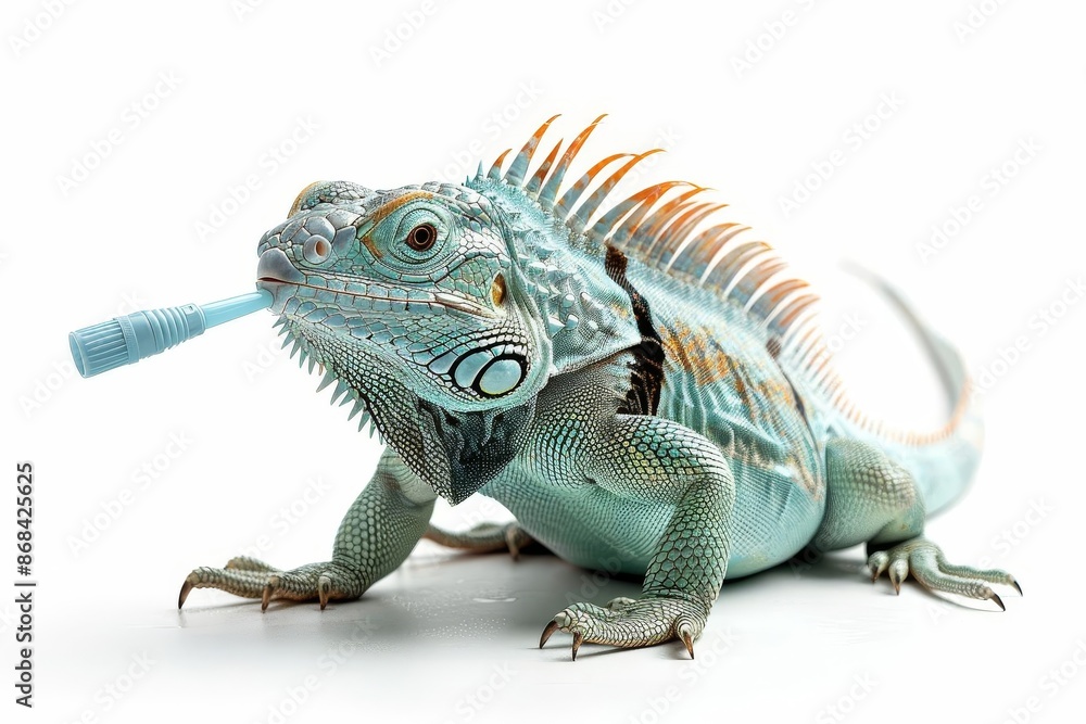 Fototapeta premium A blue iguana with a party horn in its mouth on a white background.