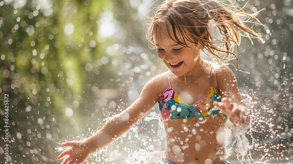 Obraz premium Funny laughing little girl running though garden sprinkler playing with water splashes in the backyard on a sunny hot summer vacation day.