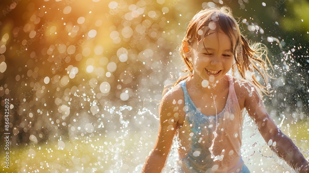 Obraz premium Funny laughing little girl running though garden sprinkler playing with water splashes in the backyard on a sunny hot summer vacation day. 