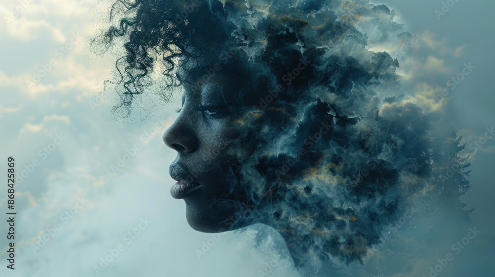 Produce a surreal, ethereal full body portrait photo with a double exposure effect and a ghostly, die cut sticker Produce a surreal, ethereal full body portrait photo with a double exposure effect and a ghostly, die cut sticker