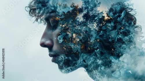 Design a surreal, ethereal full body portrait photo incorporating a double exposure effect and a ghostly, die cut sticker