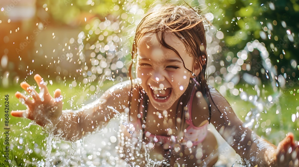 Obraz premium Funny laughing little girl running though garden sprinkler playing with water splashes in the backyard on a sunny hot summer vacation day.