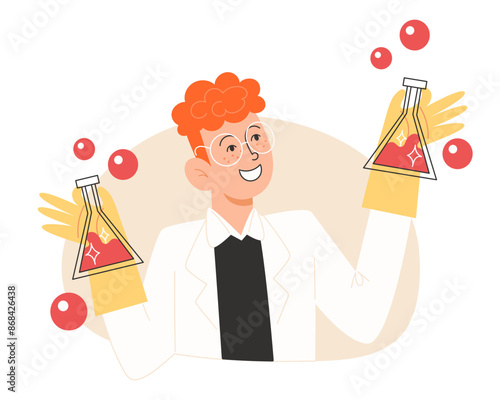 A schoolboy in a lab coat holds test tubes during a chemistry lesson