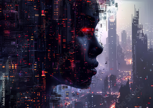 Futuristic Cyberpunk Cityscape with Technology-Inspired Human Silhouette