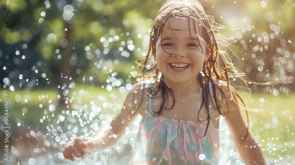 Obraz premium Funny laughing little girl running though garden sprinkler playing with water splashes in the backyard on a sunny hot summer vacation day.