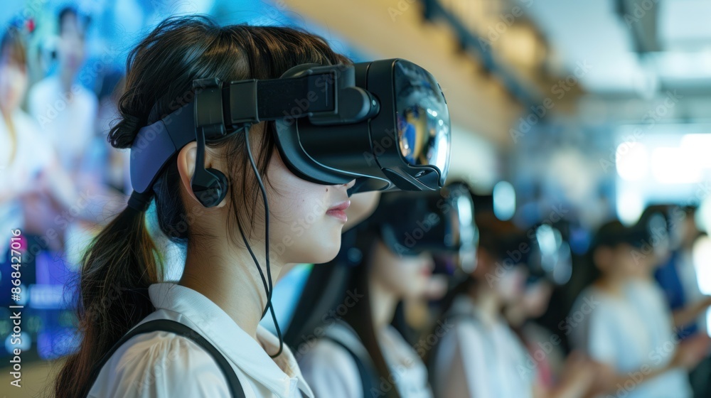 A virtual reality classroom with students engaging in immersive lessons A virtual reality classroom with students engaging in immersive lessons