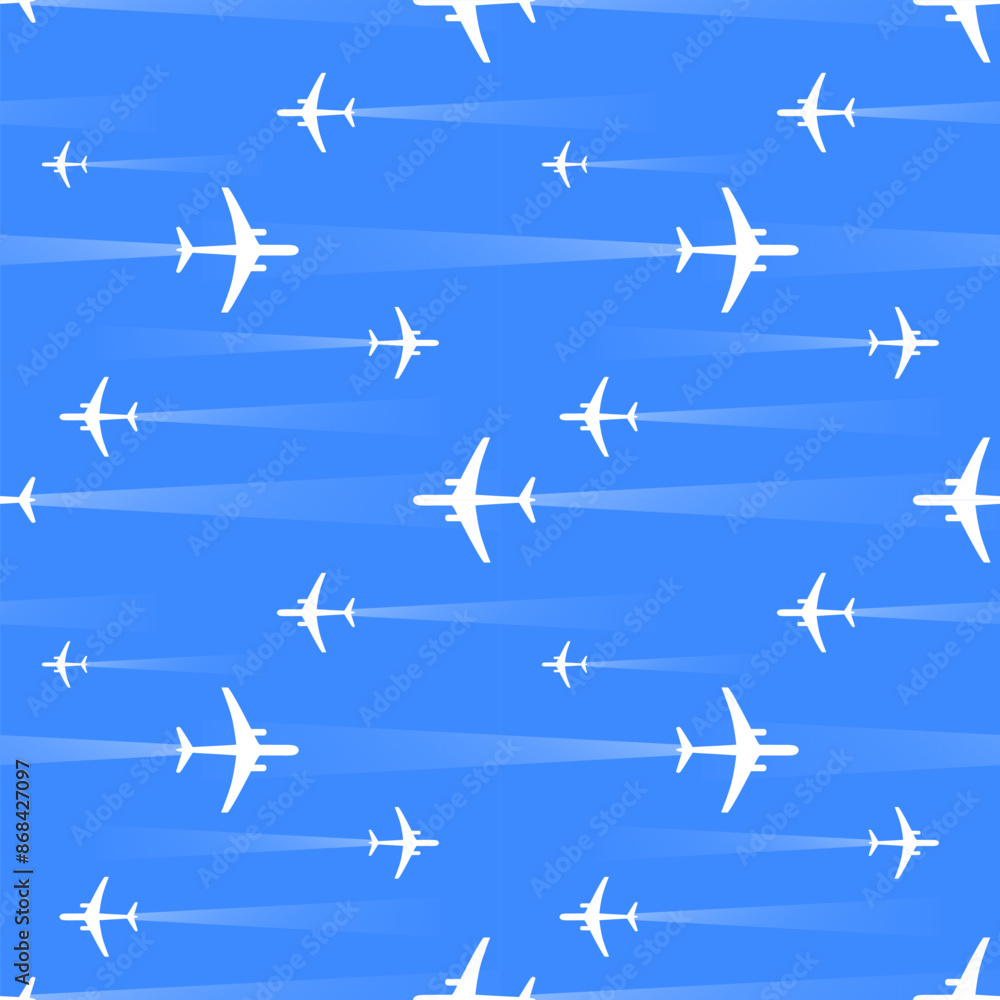 Beautiful white planes against the blue sky. Seamless pattern, print, vector illustration Beautiful white planes against the blue sky. Seamless pattern, print, vector illustration